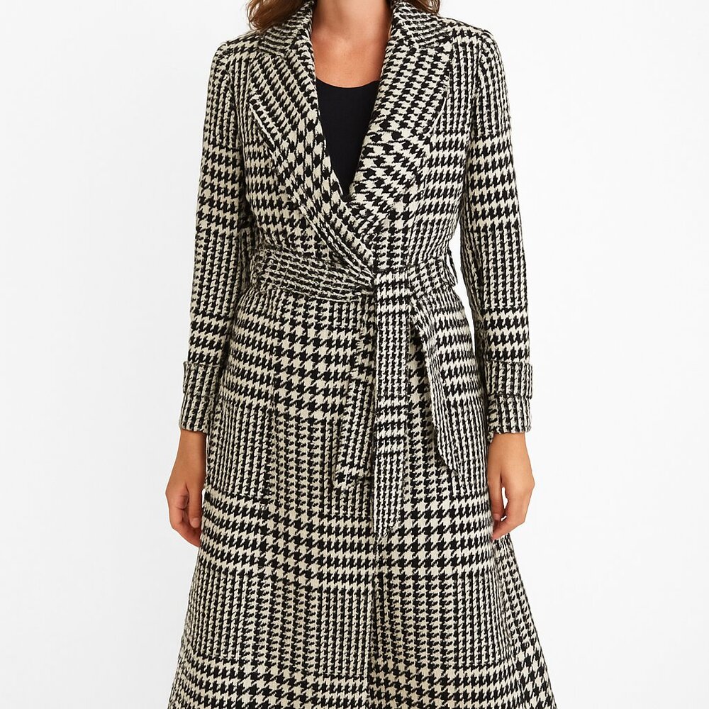 J.Crew Wool Blend Houndstooth Check Belted Wrap Trench Coat Classic 8